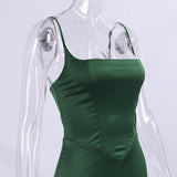 Green Satin Strappy Corset Maxi Dress-Outfit