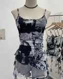 Solid Shooting Wasteland Style Personality Letter Tie-Dye Printing Mesh Sling Sling Babes Irregular Tuxedo Small Vest