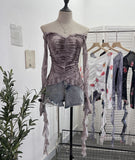Real Shot One-字 Collared Shoulder Long-Sleeved Mesh Printing Top Irregularly Folded Lotus Leaves With Short T-Shirt