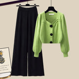 Knit Sets Womens Outfits French Vintage Square Collar Knitted Sweater And Wide Leg Pants Two Pieces Sets Office Lady