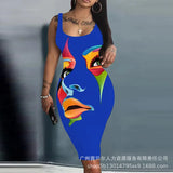 Oil Painting Pattern Women's Loose Digital Print Sleeveless Round Collar Slim Skirt EA21678 Series-Outfit