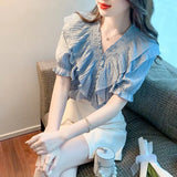 Chiffon Solid Women's Blouse Loose Ruffles Casual Shirt Summer Short Sleeve Top 2022 New Fashion Female Korean Style
