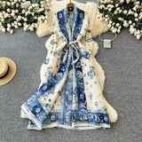 Fongt Dress Women's Fashion Collared Belt Long Pressured Folding Printing Jacket