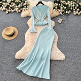 Fongt Thousand Gold Wind Senior Feeling Sister Suit Female Autumn Horn Sleeve Knitted Blouse + High-Waisted Fish Tail Half-Body Dress