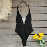2025 New Solid-Color Swimsuit Women Feel Deep V-Loand Back Half Dress