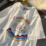 Cute Japan Cartoon Letter Print T Shirts Kawaii Girl Short Sleeve Tops 2023 Summer Basic 100%Cotton Couples Teens