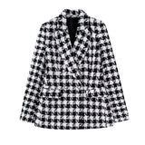 Fongt New Women's Suit Collar Thousand Bird Case Double Breasted Long Sleeve Suit Jacket-Outfit