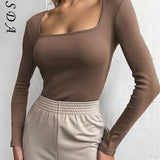 2021 Square Neck Green Long Sleeve T Shirts Women Knitted Autumn Winter Black Basic Ribber White Khaki Top Shirt Casual