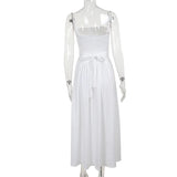 White Stripe Corset Frill Midi Dress-Outfit
