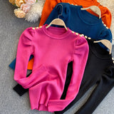Puff Long Sleeve Knitted Sweater Pullovers Girls Solid Buttons O-neck Streetwear Winter Sweaters Tops Jumpers Women-Outfit