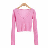 New V-Collar Single-Breasted Long-Sleeved Sunscreen Sweater Summer Hollowed-Out Leisure Air-Conditioning Blouse-Outfit
