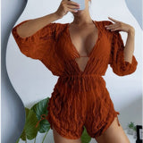 2025 Long-Sleeved Mesh Yarn Waist-Joined Swimsuit High-Waisted Print Rope Three-Piece