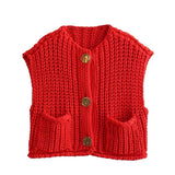Fongt 2025 Spring And Autumn 2025 New Women's Pocket Sleeveless Short Knitted Cardigan Vest