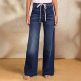 Woherb 2025 New Women's Wear With Elastic Jeans Straight Temperament Broad Leg Trousers