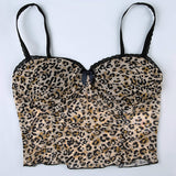 Retro Leopard Print Camis Vintage 2000s Bow Stitched Sleeveless Lace Strap Crop Top Women Summer See Through Mesh Tee y2k-Outfit