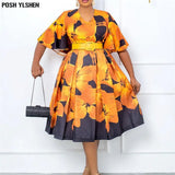 With Belt 2022 Summer African Floral Dress For Women Sexy Sweet V-Collar Flare Sleeve Robe Femme Style Print Porm Midi
