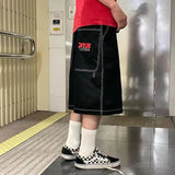 Hip-Hop Street Letter Fully Embroidered Denim Shorts Men's High Street Casual Wide-Legged Pants-Outfit