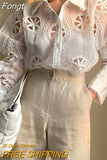 Lace White Blouse Women Hollow Out Flower Embroidery Shirt Sexy See Through Turn Down Collar Long Sleeve Top Blusa