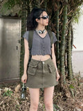 Retro Basic Black Striped Tshirts Y2K Streetwear Pockets Green Mini Cargo Skirts Women Korean Fashion Two Peice