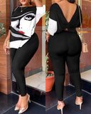 Autumn New Women's Fashion Leisure Bare-Back Printed Trousers Suit-Outfit