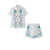 Fongt Spring / Summer Holiday Wind New Women's Cotton And Linen Embroidered Short Sleeve Shirt Drawn Rope Shorts Two Sets-Outfit