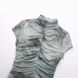 New Silk Screen Printing Pleated Trim Blouse 3067054-Outfit
