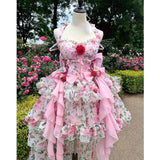Harajuku Lolita Dress Women Fashion Pink Flower Bow Kawaii Jsk Dresses Girls Elegant Chiffon Backless Korean Sexy Dress-Outfit
