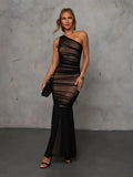 Fongt Women's Sexy Yarn Dress Banquet Temperament Evening Dress Repair Slant Shoulder Folds 8133