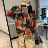 Fongt And Winter New College Temperament Small Knit Coat Female Retro British Wind Diamond Grid V-Neck Sweater Cardigan-Outfit