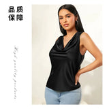 New Summer Satin Heap Collar Solid Color Sleeveless Vest Sleeveless Blouse-Outfit