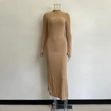Thumb Hole Cute Dress Woman Party Night Long Sleeve Side Split Clothes Sexy Ribbed Knitted Suits Khaki Maxi