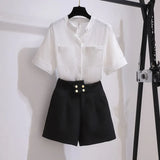 Women 2 Pieces Shorts Sets Summer Sweet Korean Bow Collar Tops And Shorts 2 Pieces Sets Women Clothing Two Pieces Outfits
