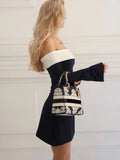 Off-Shoulder Color Block Long Sleeve Mini Dress-Outfit