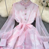 Fongt French Retro Collar Long Sleeves Chopped Flower And Chiffon Dress Women's Spring And Autumn New Lace-Up Long Dress