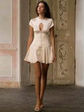 Short Sleeve Satin Hollow Out Mini Dress-Outfit