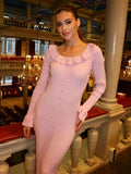 Pink Ruffled Long Sleeve Knit Midi Dress-Outfit