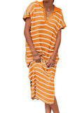 Fongt Summer Dress Women's V-Neck Stripe Low Slit Lapel Long Sweater Even-Outfit