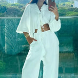Fongt 2023 New Solid Color Fashion Design Sense Irregular Lotus Leaf Collar Ribbon Wide Leg Pants Suit-Outfit