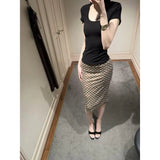 Fongt Clothes Women 2025 New Temperament Square Collar Short Sleeve Tops Thin Bag Hip Skirt Skirt Skirt Half-Body Skirt