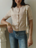 Fongt Simple Elegant Double Pocket Metal Buckle Knitted Top Temperament Round-Neck Cardigan