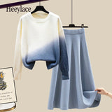 Women Autumn Winter Warm Knitted Two Pieces Sets Korean Long Sleeve Pullover Sweater Top And High Waist Knitting Skirts