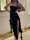 asymmetric bandeau maxi dress with