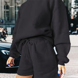Solid Women Shorts Set Loose Casual Sweatshirt Fleece Pullover And Drawstring Shorts Suit Two Pieces Set Thick