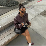 Burgundy Pu Leather Zipper Biker Jacket-Outfit