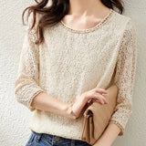 New High-end Crocheted Hollow Blouse Blue O-neck Three-quarter Sleeve Fairy Lace Blouse Elegant Apricot Print Shirt