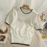 Style Beading Bowknot T Shirts Women's O Neck Short Sleeve Knitted Sweet Tee Tshirt Summer Slim Thin Top-Outfit