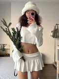 White Long Sleeve Crop Top And Micro Pleated Mini Skirt Set-Outfit