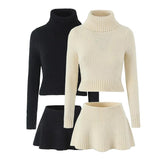 Knitted High Neck Long Sleeve Top And Mini Skirt Set-Outfit