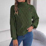 2025 Casual Solid Color Button Stung High-Collar Lantern Sleeve Sweater Women's