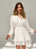 Fongt Summer New Solid Color Long-Sleeved Dress Temperament V Collar Thin A Dress